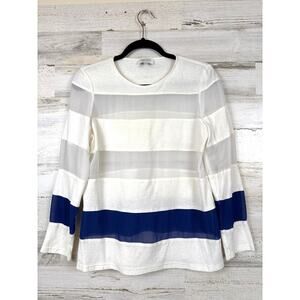 Harlyn Womens XS White Blue Stripe Sheer Lightweight Long Sleeve Blouse Top